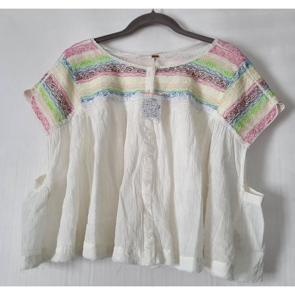 Free People Mirabella Embroidered Top Sz XS Cream Multicolor Crop SS NWT $128 - Picture 2 of 12
